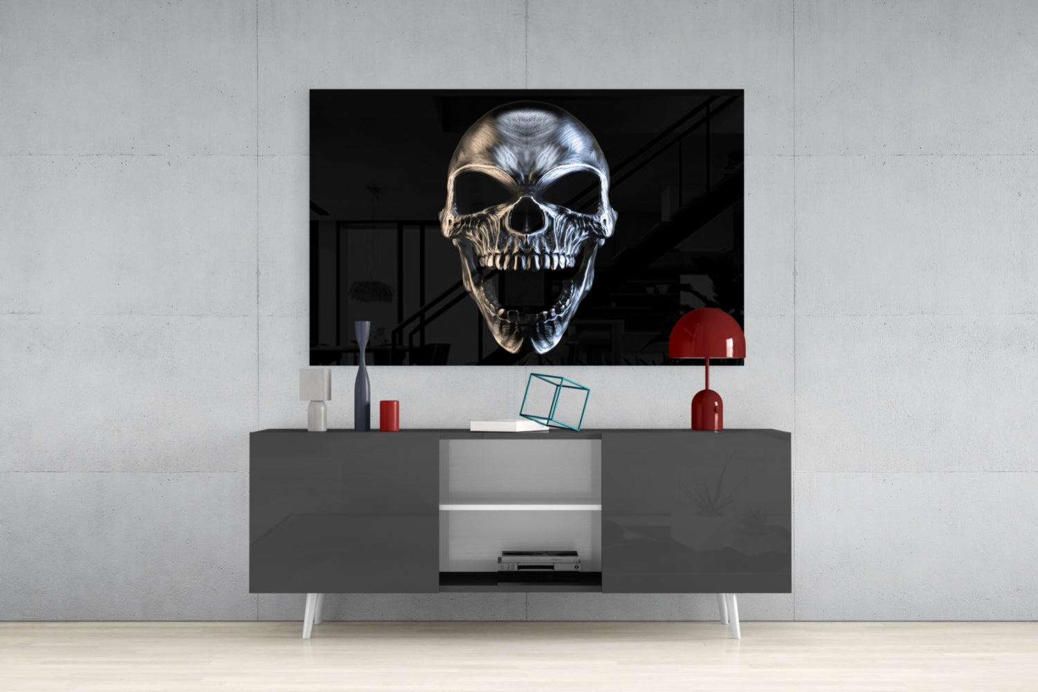 Silver Screaming Metal Skull Glass Wall Art