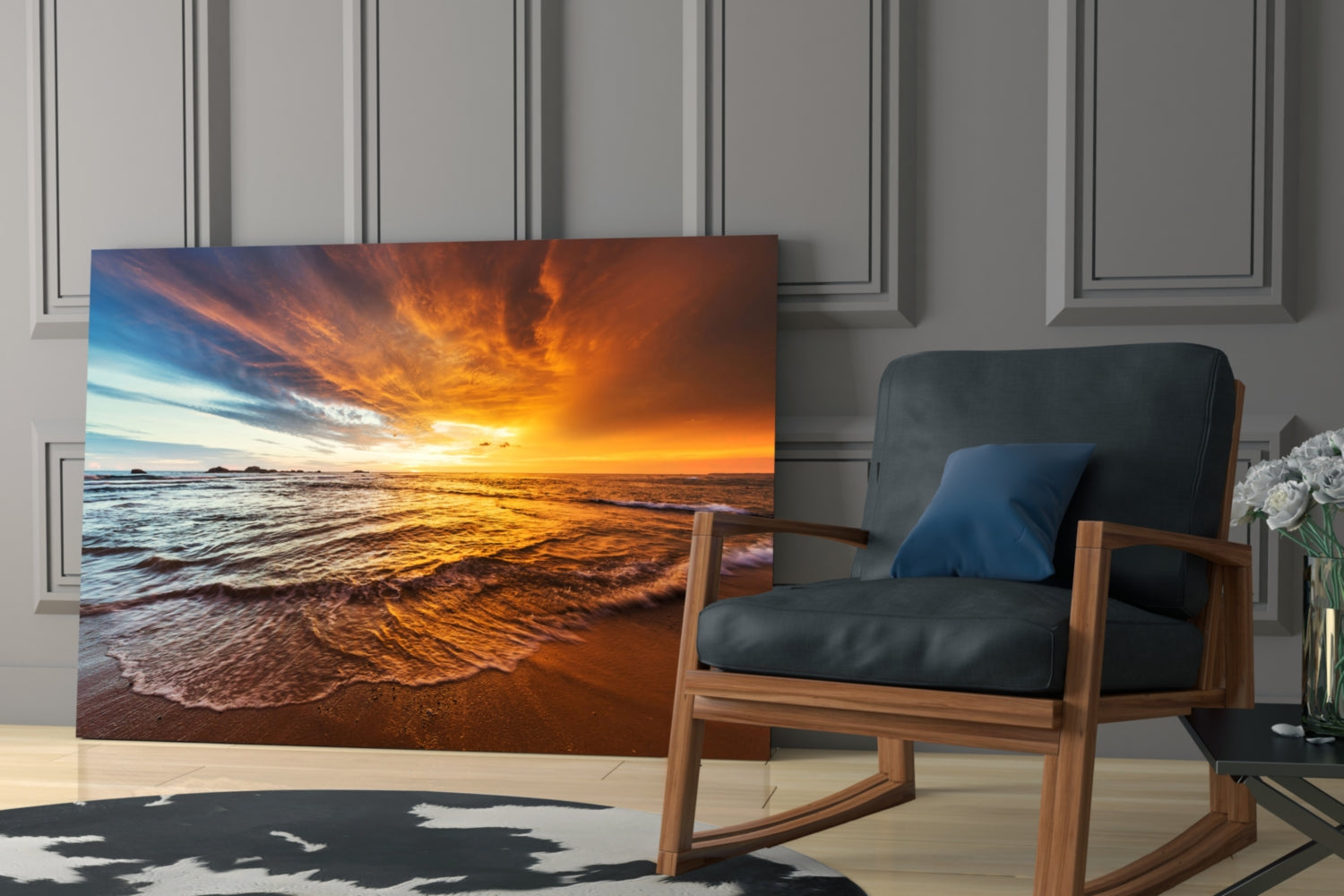 Fiery Sky Beach Sunset Glass Wall Art