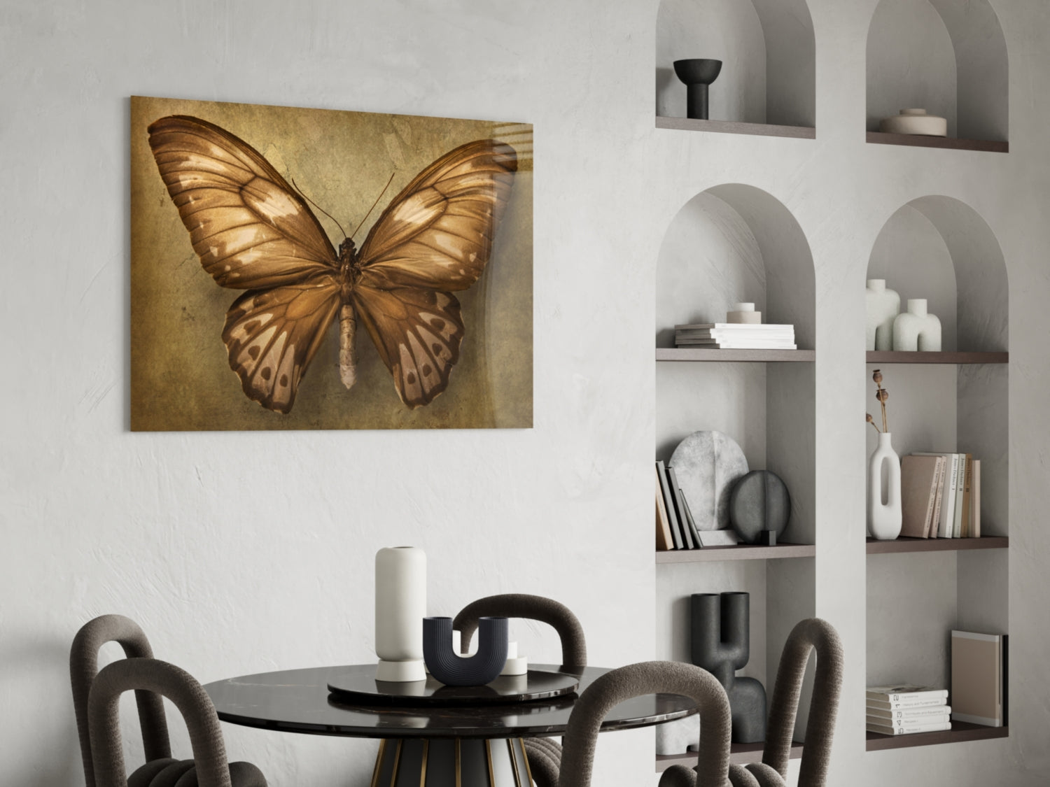 Vintage Sepia Butterfly Glass Wall Art