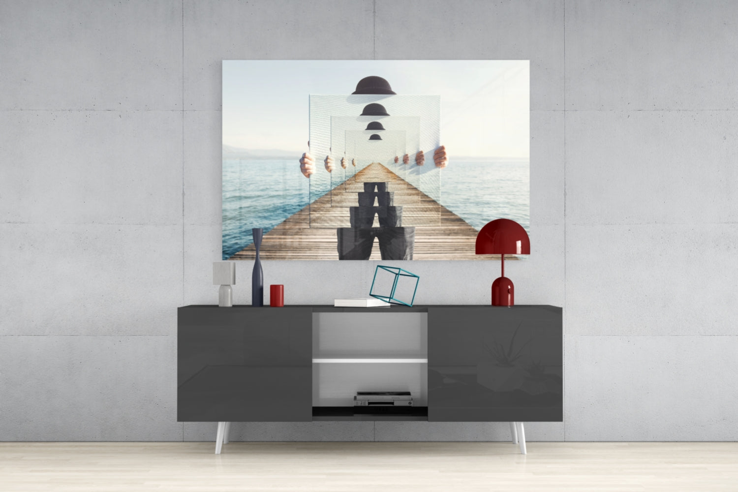 Surreal Recursive Pier Bowler Hat Man Glass Wall Art