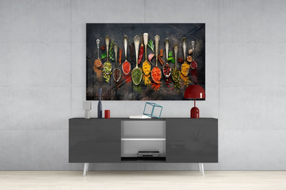 Silver Spoons Row Of Colorful Spices Glass Wall Art