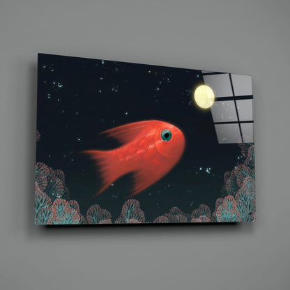 Red Fish Under Moonlit Coral Reef Glass Wall Art