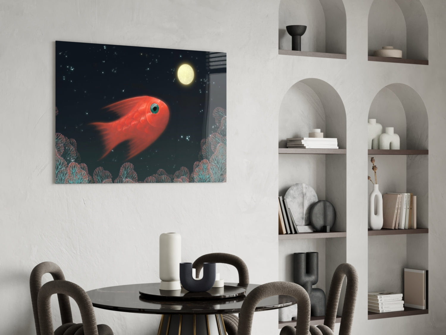 Red Fish Under Moonlit Coral Reef Glass Wall Art