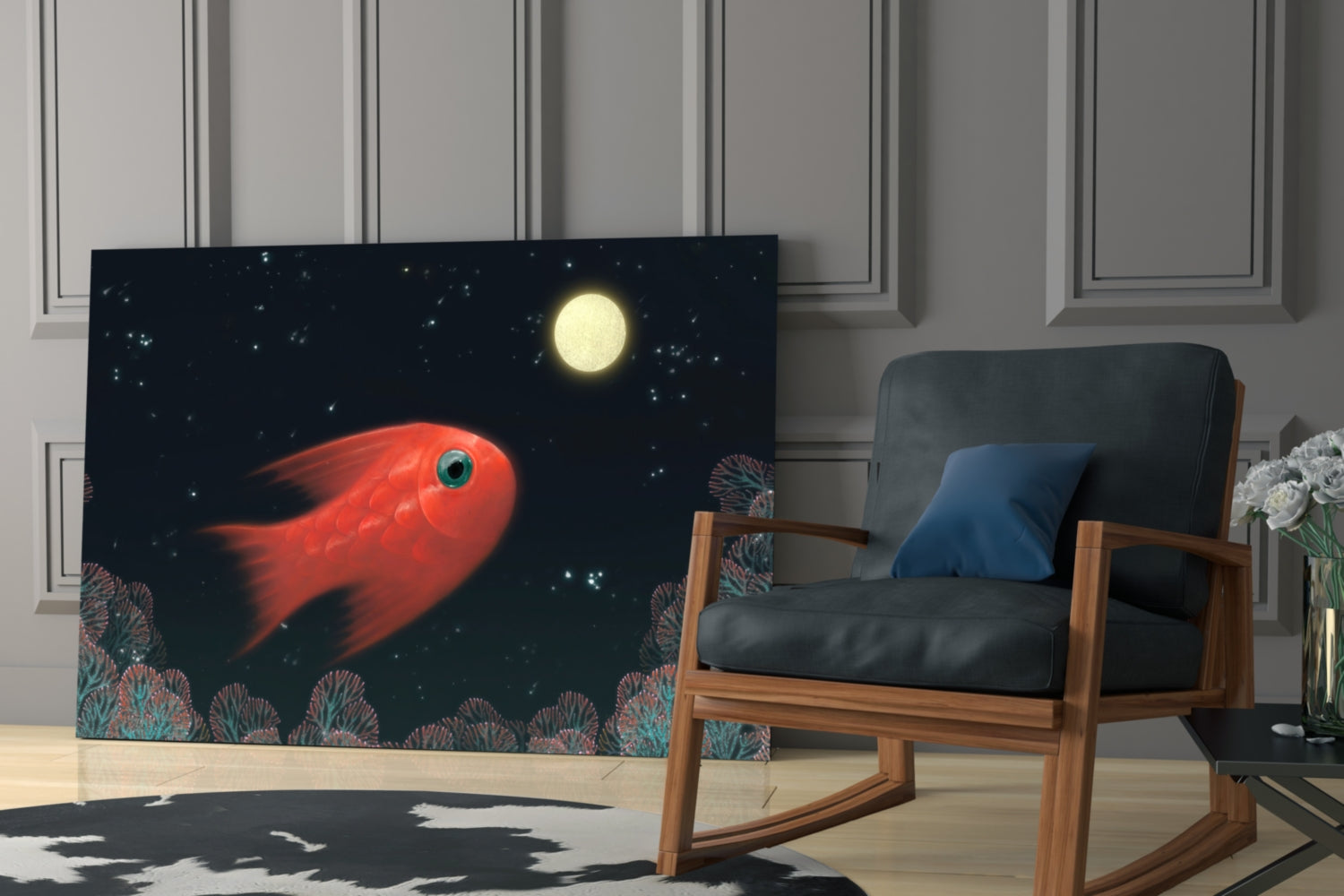 Red Fish Under Moonlit Coral Reef Glass Wall Art