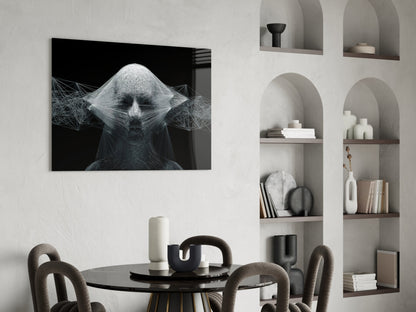 White Wireframe Face On Black Glass Wall Art