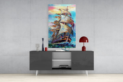 Tall Ship Under Pastel Sky Painting Glass Wall Art
