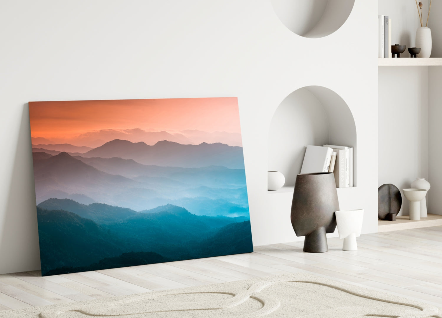 Orange Blue Misty Mountain Layers Glass Wall Art