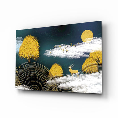 Golden Trees Deer And Clouds Glass Wall Art