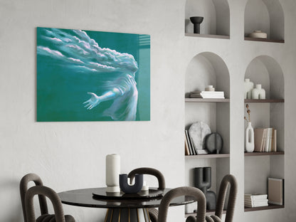 Cloud Head Figure Reaching Hand Teal Glass Wall Art