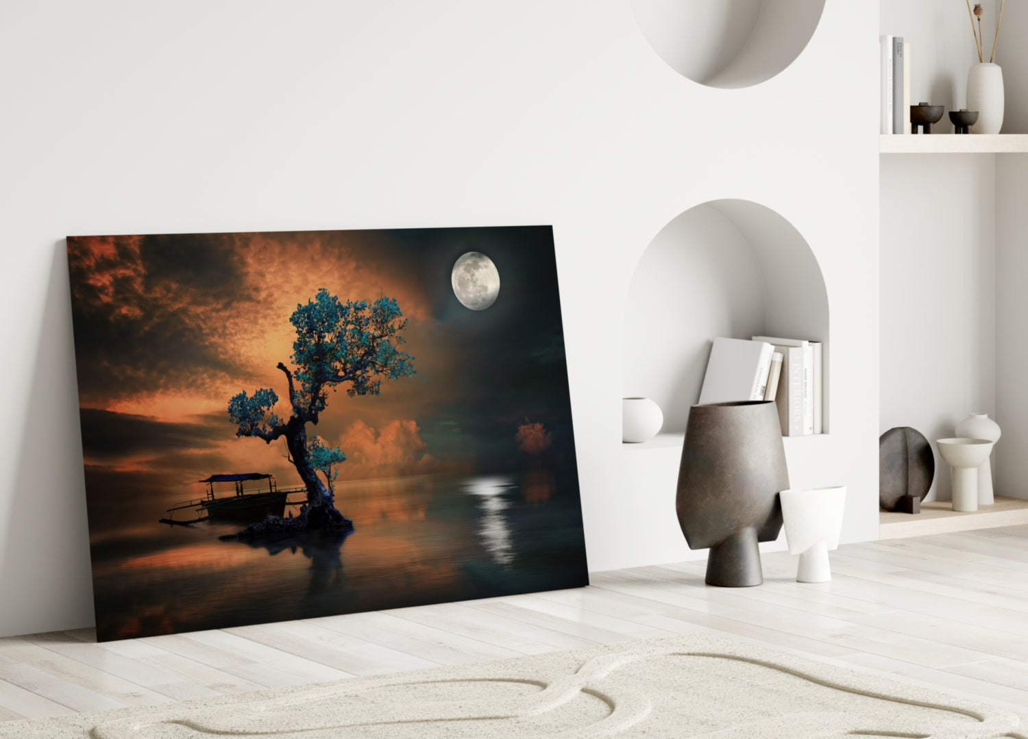 Turquoise Tree Moonlit Lake Boat Glass Wall Art