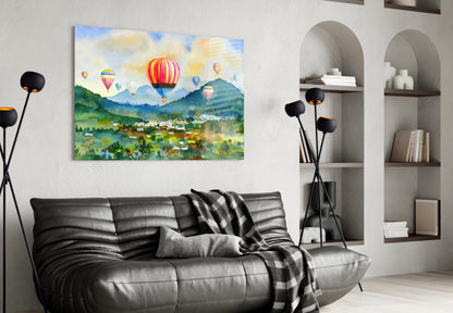 Watercolor Balloons Over Green Valley Glass Wall Art