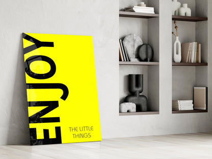 Bold Enjoy Typography On Yellow Glass Wall Art