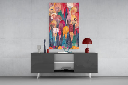 Whimsical Folk Art Pink Domed Trees Glass Wall Art