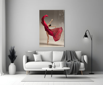 Red Gown Arabesque Ballerina Glass Wall Art