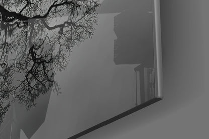 Bare Tree Lake Reflection Black White Glass Wall Art