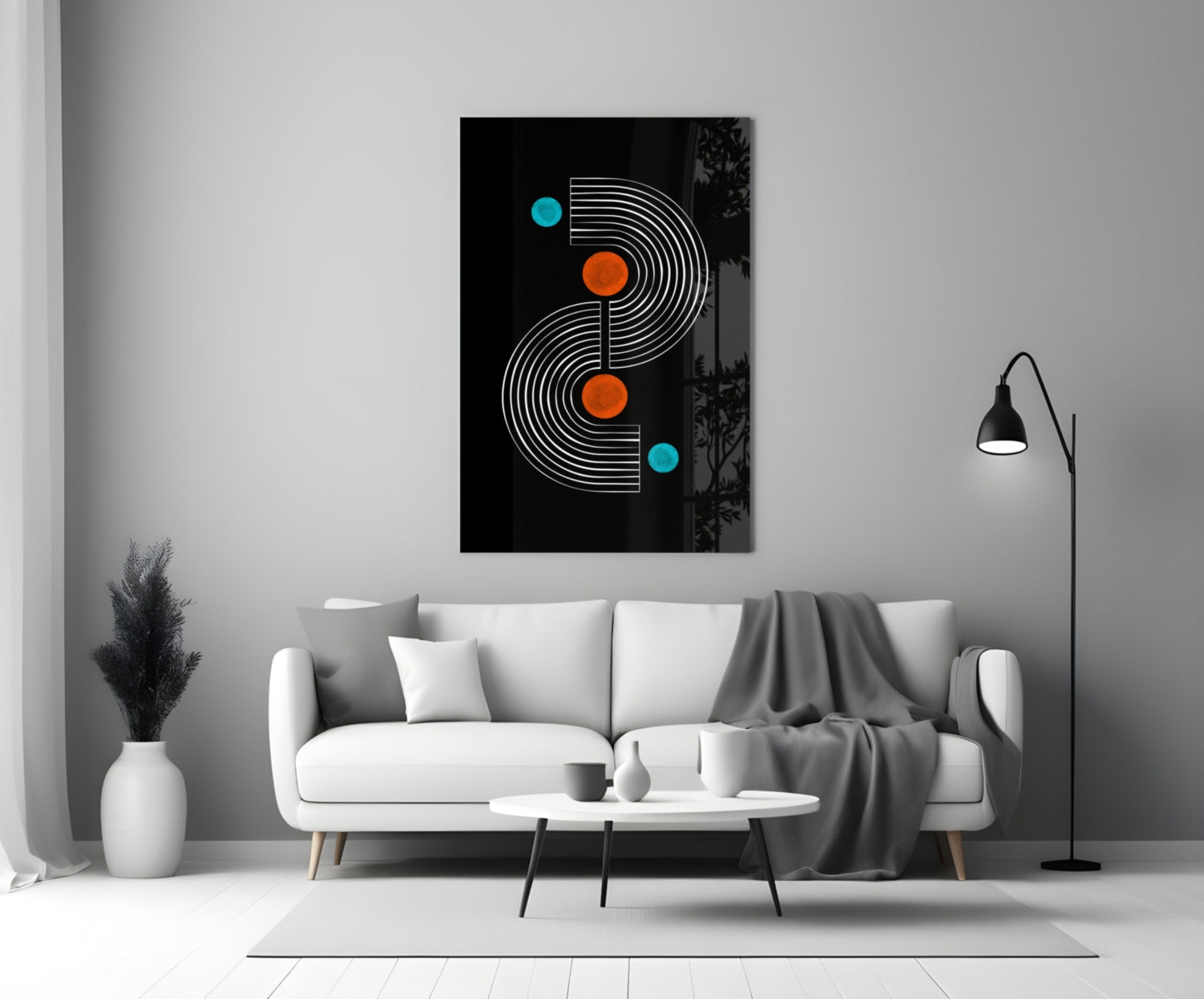 Black Mid Century S Arch Orange Dots Glass Wall Art