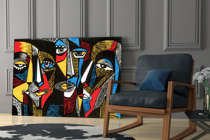 Cubist Faces Red Blue Yellow on Black Glass Wall Art
