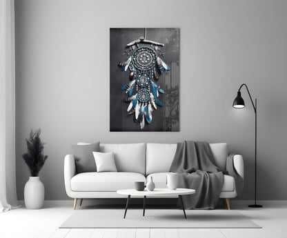 Triple Blue Feather Dreamcatcher Glass Wall Art