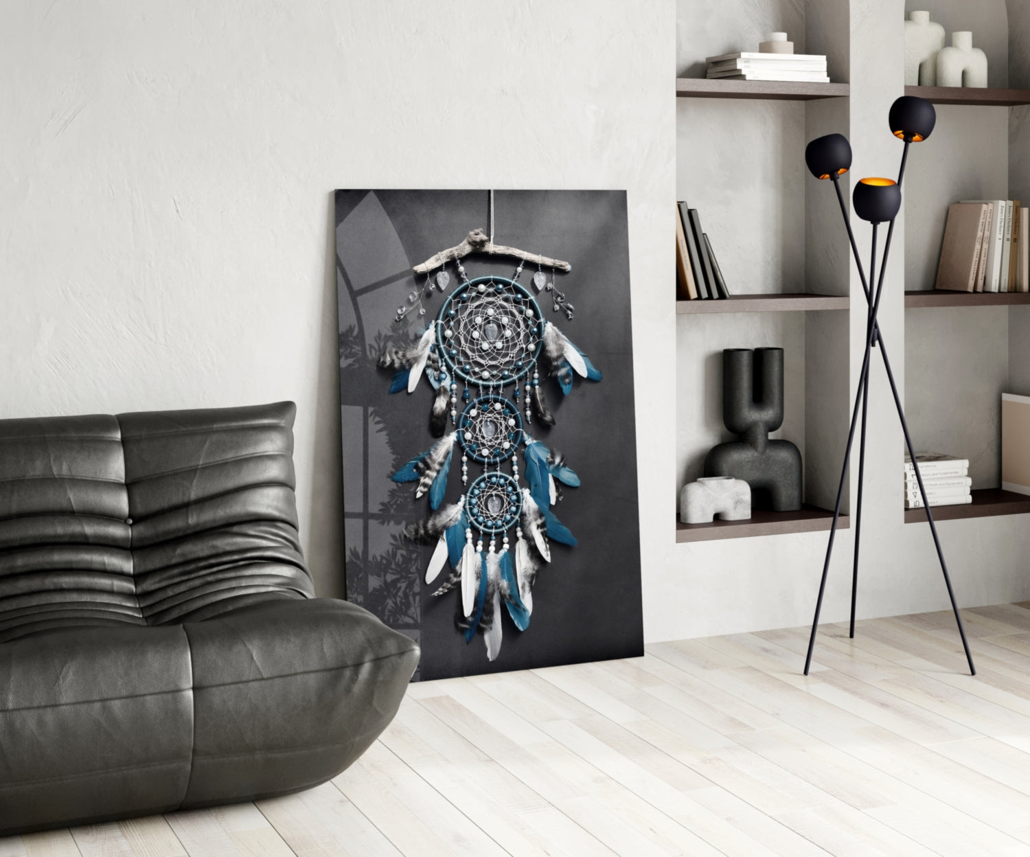 Triple Blue Feather Dreamcatcher Glass Wall Art