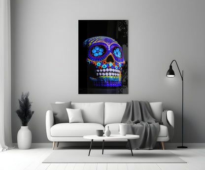 Cobalt Blue Beaded Sugar Skull Glass Wall Art