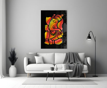 Fiery Red And Yellow Stylized Ganesha Glass Wall Art
