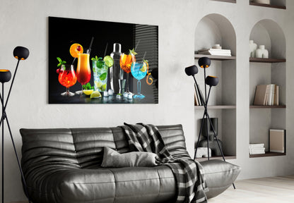 Neon Blue Shaker Lineup Cocktails Glass Wall Art