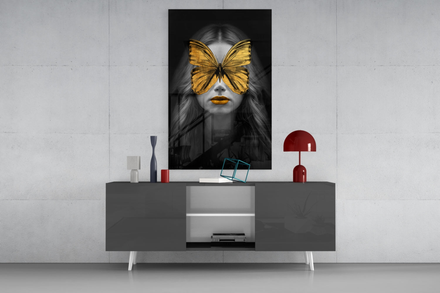 Golden Butterfly Mask Woman Portrait Glass Wall Art