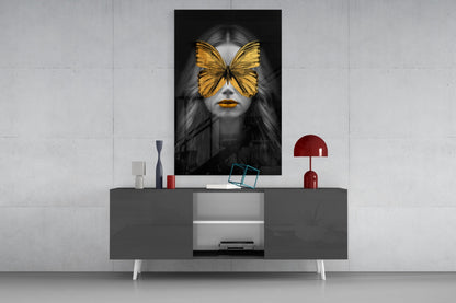 Golden Butterfly Mask Woman Portrait Glass Wall Art