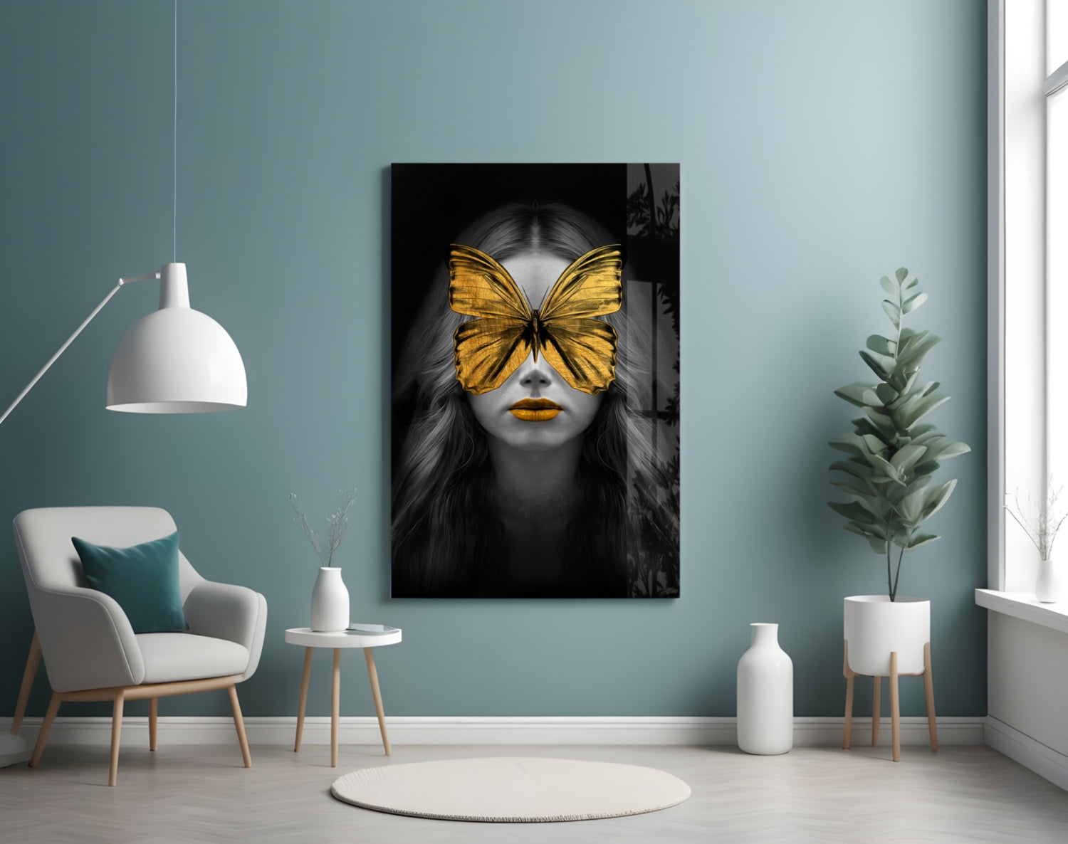 Golden Butterfly Mask Woman Portrait Glass Wall Art