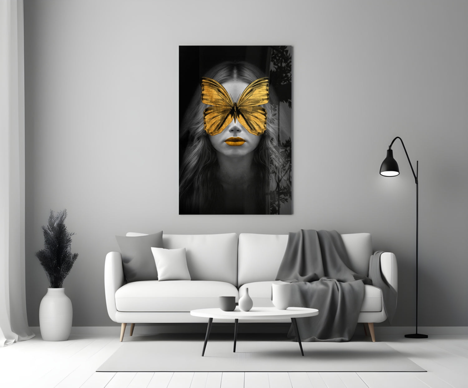 Golden Butterfly Mask Woman Portrait Glass Wall Art