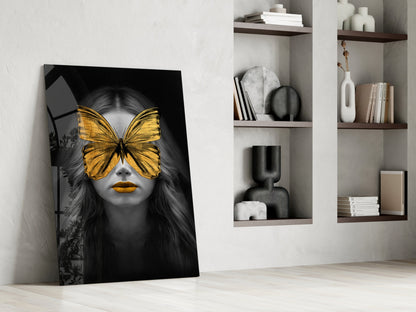 Golden Butterfly Mask Woman Portrait Glass Wall Art