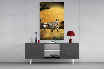 Golden Savanna Crescent Moon Zebras Glass Wall Art