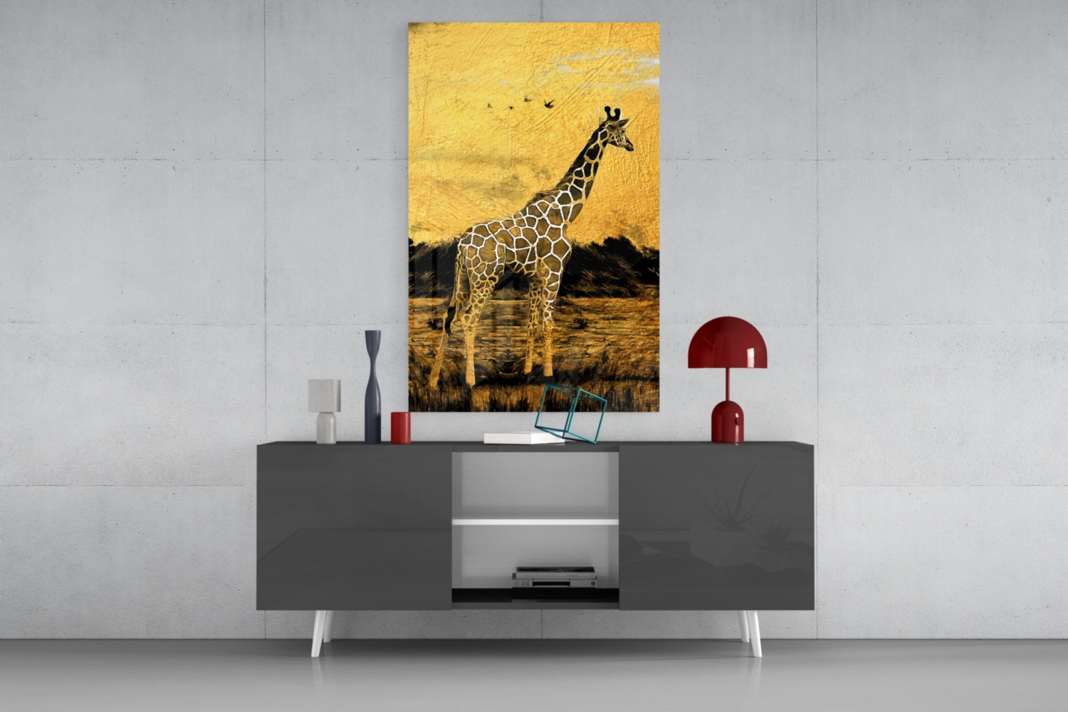 Golden Sunset Savanna Giraffe Glass Wall Art