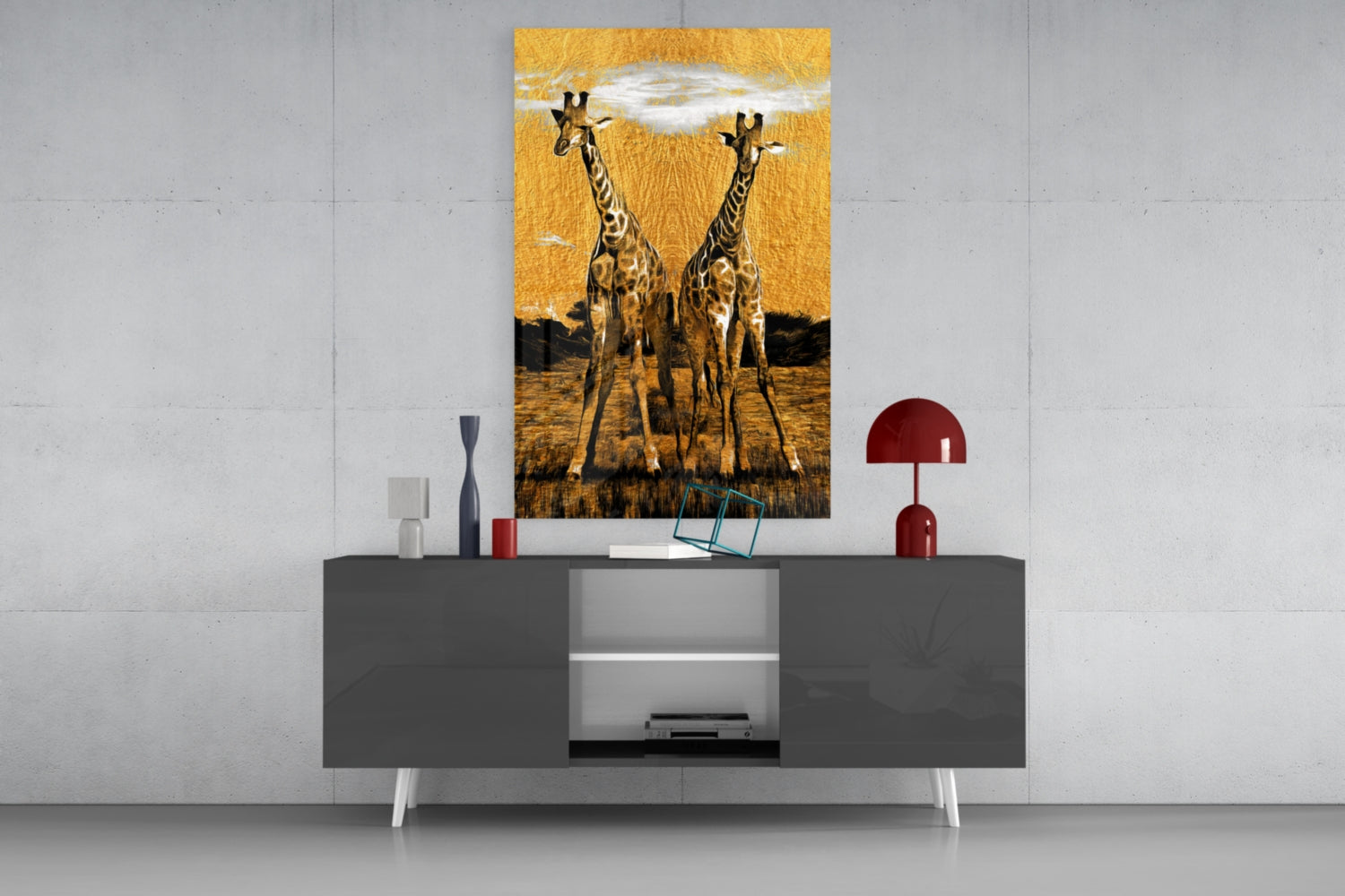 Amber Sun Two Walking Giraffes Glass Wall Art