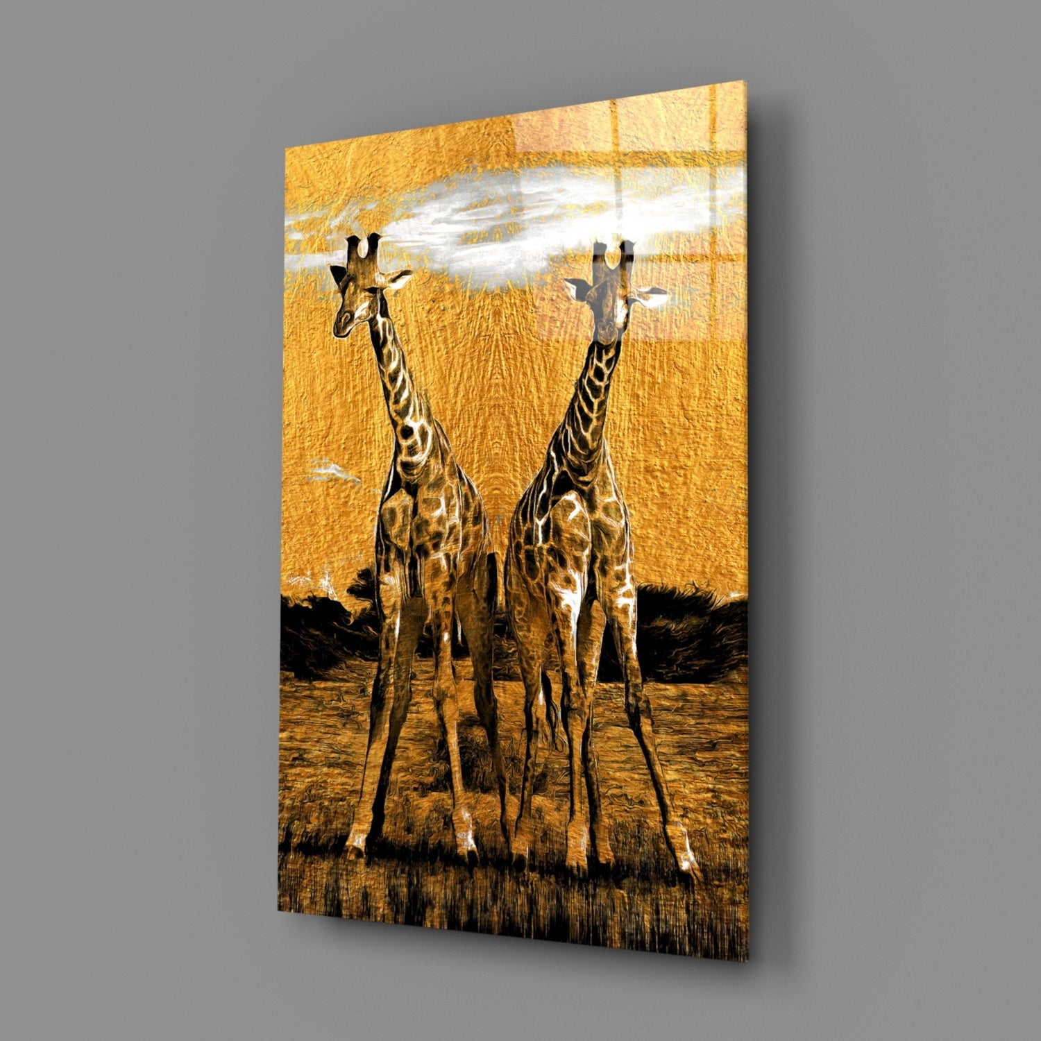 Amber Sun Two Walking Giraffes Glass Wall Art