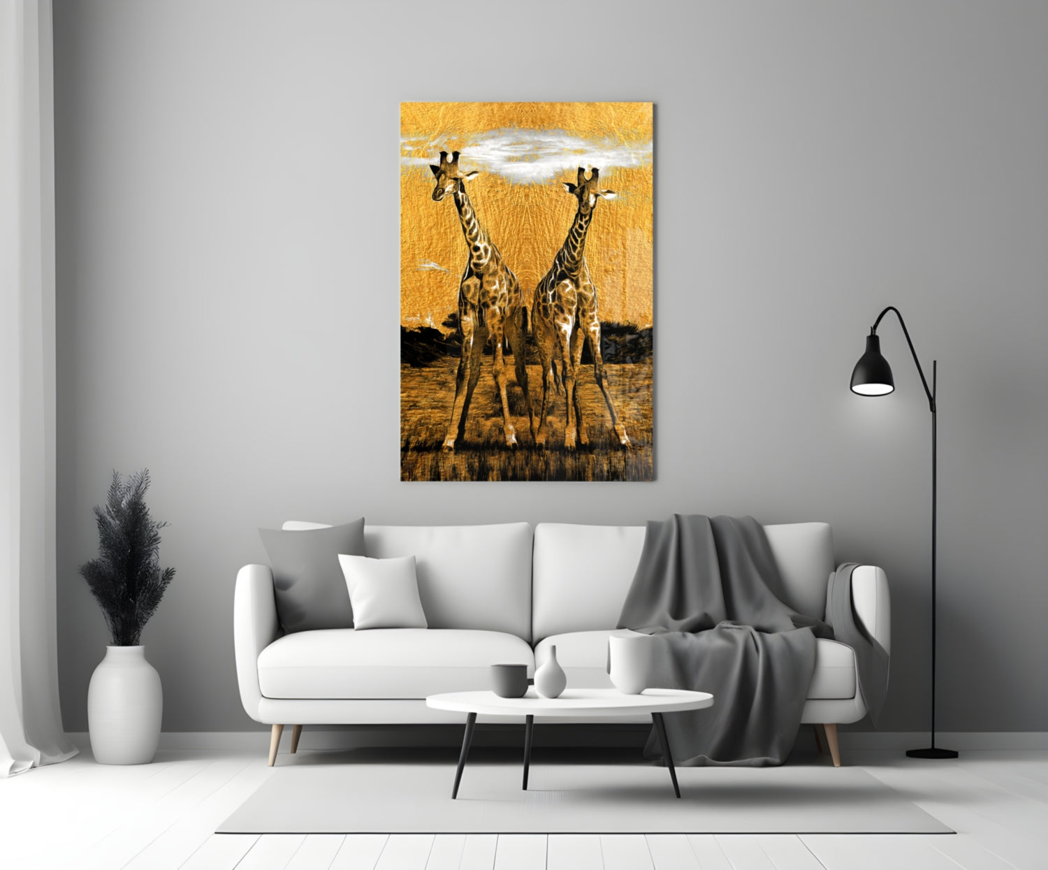 Amber Sun Two Walking Giraffes Glass Wall Art