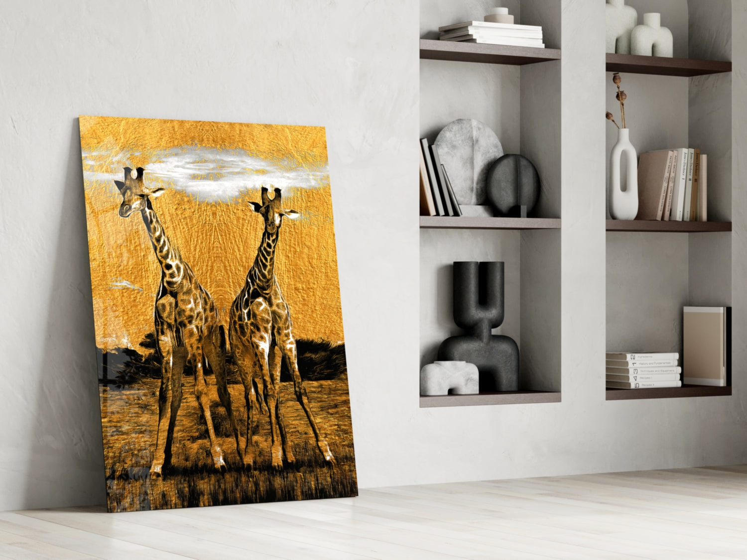 Amber Sun Two Walking Giraffes Glass Wall Art