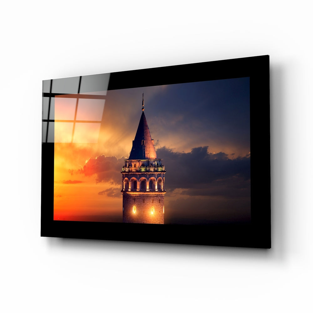 Sunset Silhouette Galata Tower Glass Wall Art