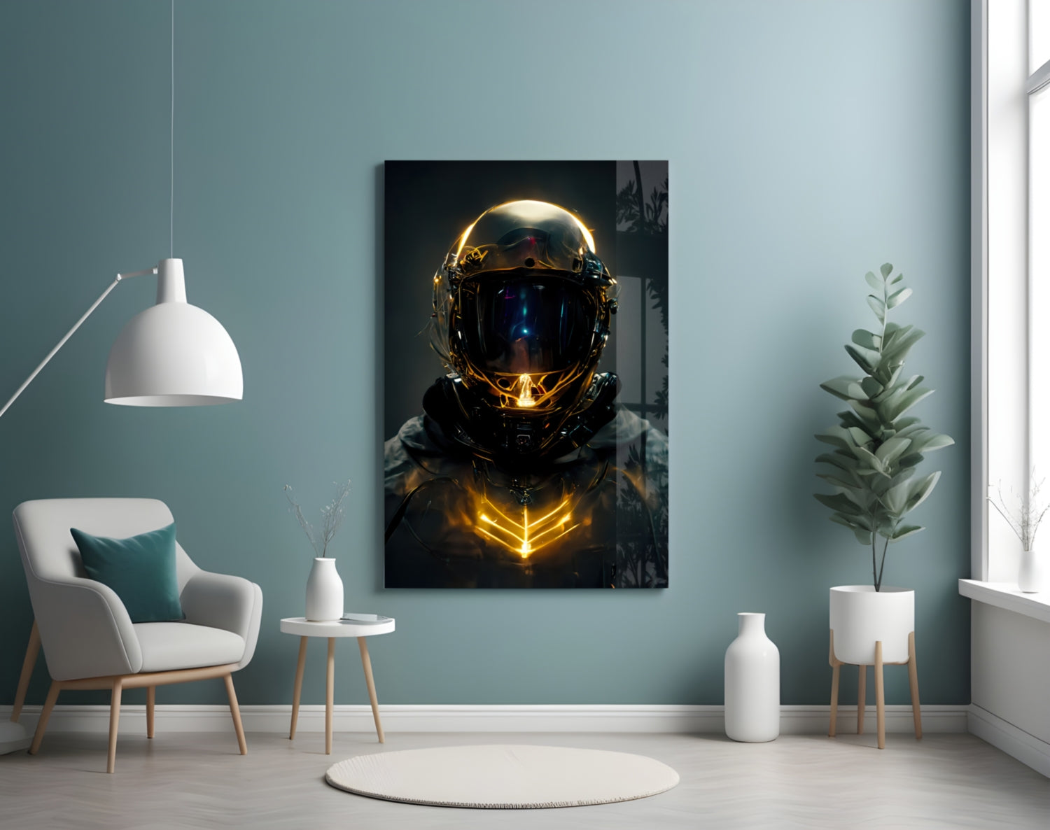 Golden Neon Astronaut Helmet Glass Wall Art