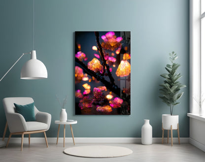 Glowing Amber Crystal Blossom Branch Glass Wall Art