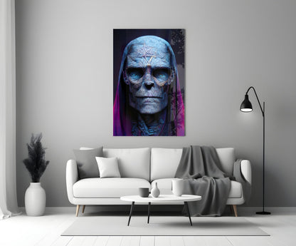 Blue Skull Elder In Magenta Veil Glass Wall Art