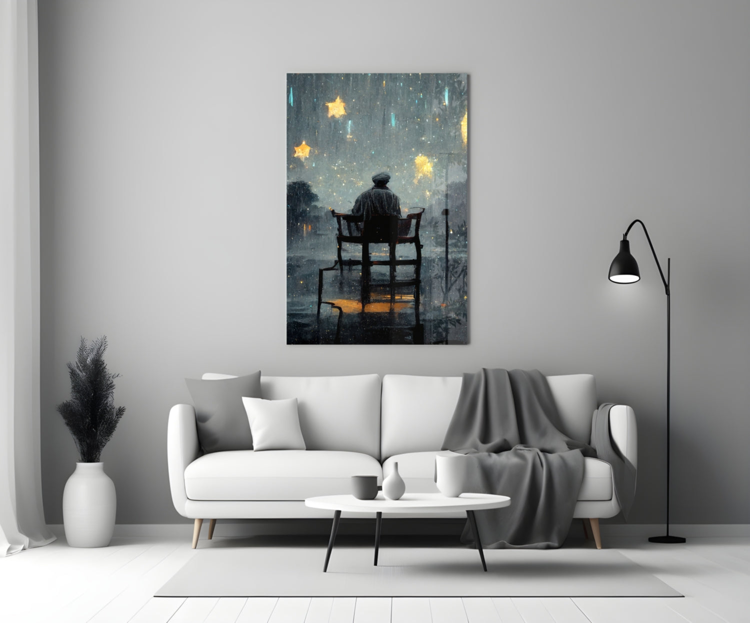 Stormy Sky Golden Stars Lone Chair Glass Wall Art