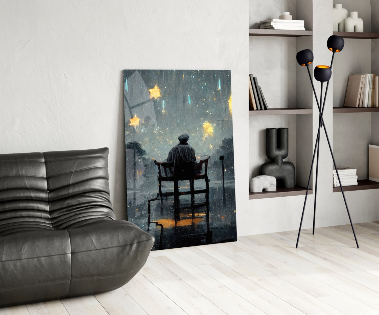 Stormy Sky Golden Stars Lone Chair Glass Wall Art