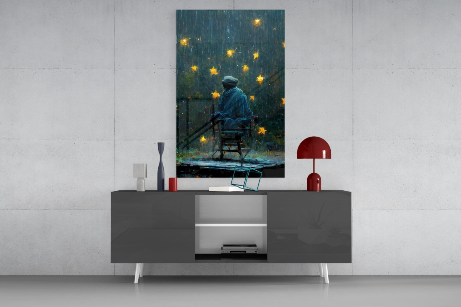 Rainy Night Glowing Stars Seated Man Glass Wall Art