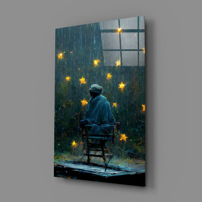 Rainy Night Glowing Stars Seated Man Glass Wall Art