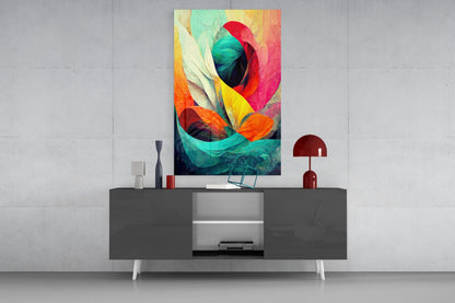 Crimson Bloom Teal Ribbon Abstract Glass Wall Art