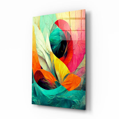 Teal Wave Orange Petal Abstract Glass Wall Art