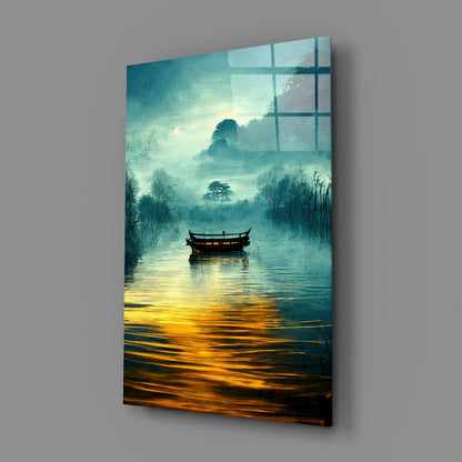 Foggy Lake Boat at Amber Dawn Glass Wall Art