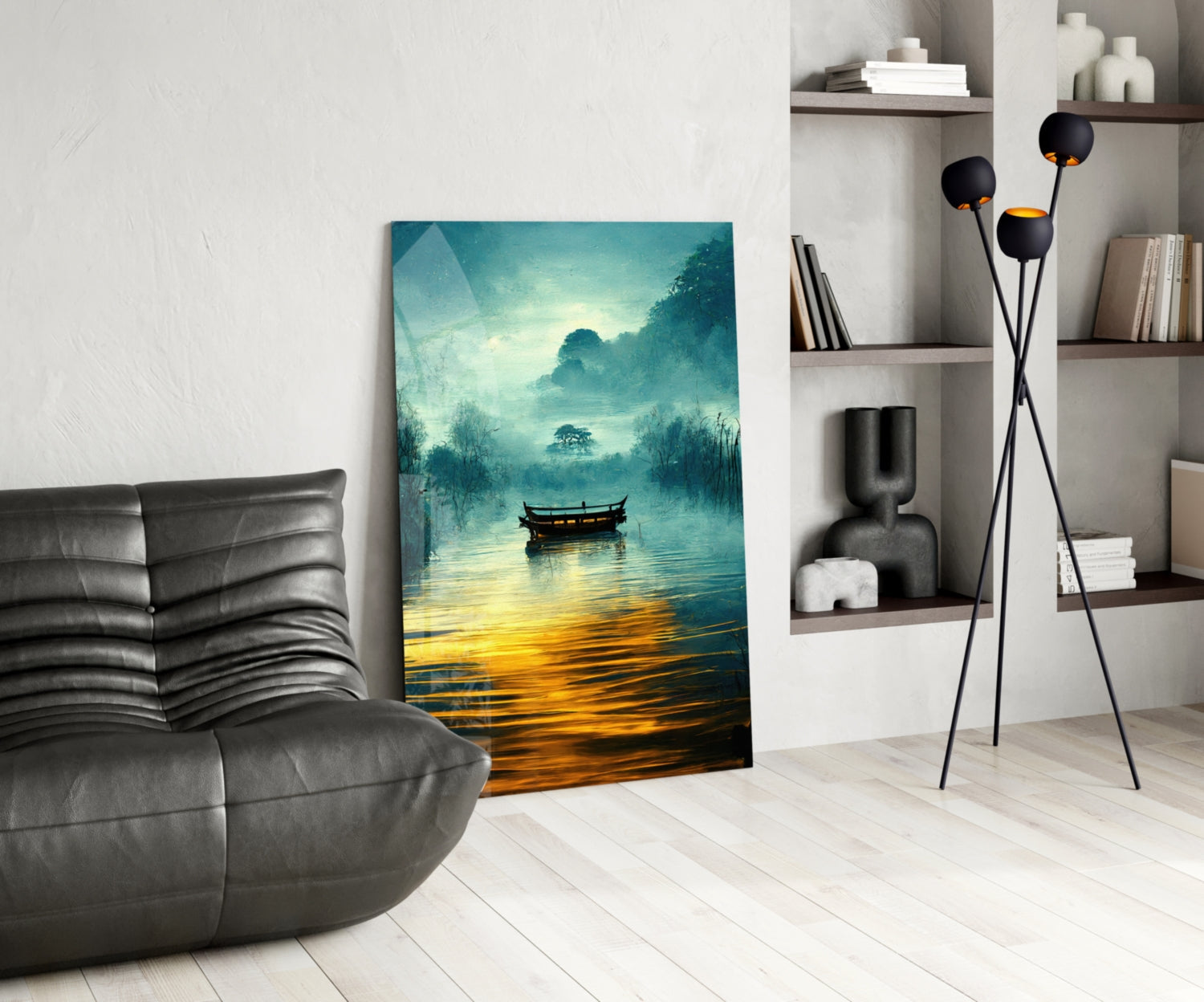 Foggy Lake Boat at Amber Dawn Glass Wall Art