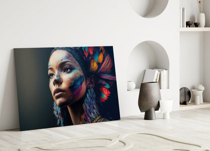 Rainbow Feather Headdress Painted Woman Glass Wall Art